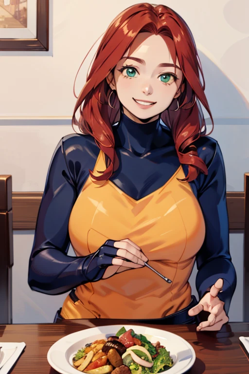 jean grey( big fat body), long red hair,makeup, green eyes,jewelry,bracelet,black headband, green fat bodysuit,multi colored bodysuit, turtleneck,fingerless gloves,long sleeves, looking at viewer, smiling, happy, teeth,
sitting, inside a cozy restaurant, table, table full of food, salad, romantic ambiance, extreme detail,masterpiece, beautiful quality, 