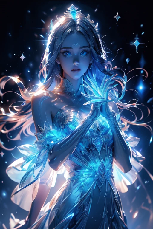 (masterpiece),  top quality ,  super detailed ,  illustrations, Detailed light,  blue eyes、 Eyes Like Jewels、｛｛Statue of a woman sculpted in a transparent crystal｝｝、Cold 、｛｛cold｝｝、Freezing Temperatures 、,(((watercolor))), blue crystal hair、Ice Crystal Dress 、 Ice Crystals Like Hair、bust、Ice Tiara、coldの霧、 Snowflakes、 High Quality Glow、｛｛｛Melted Ice ｝｝｝、Dry ice fog