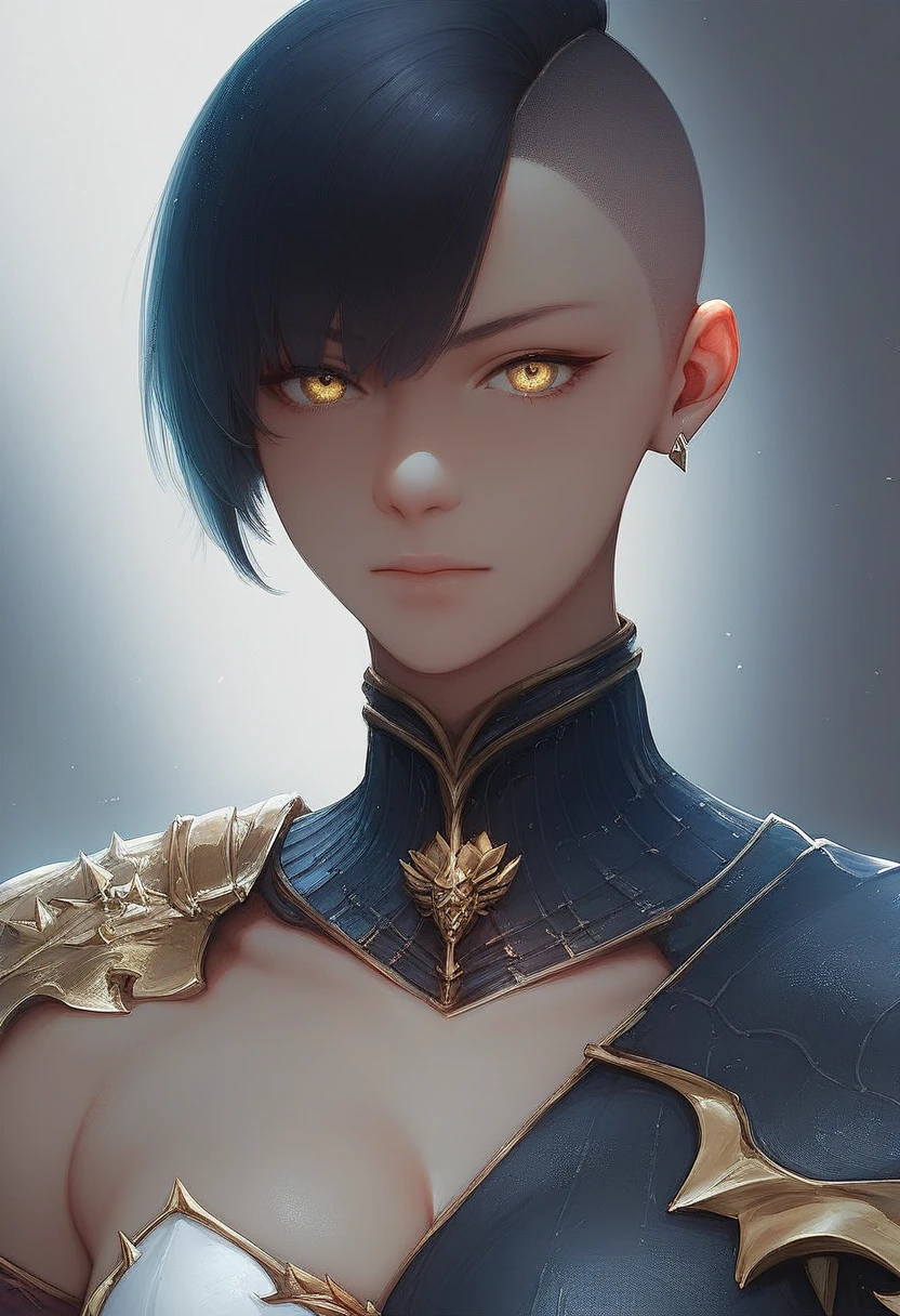 One woman, mature, female anime character with white undercut hair, undercut, aloof expression, yellow eyes, Sororitas, black sororitas armor, worn black long kama, detailed anime character art, dark, female anime character, facing center, close-up, ,dark colors, dark lighting, dark theme, low light, zPDXL3.