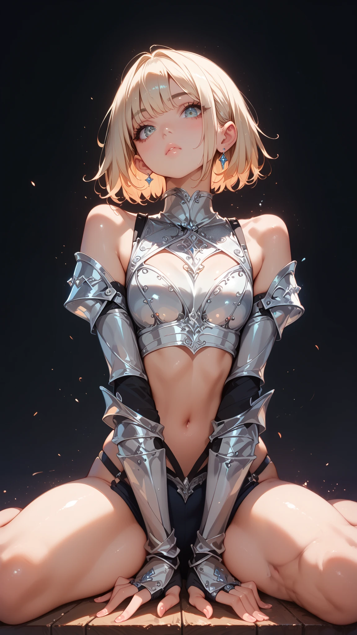 Anime girl, sexy figure, nice body curves, wearing a knight armour, showing off her figure, looking down, down view, giving sexy poses, sitting down, stretching legs exercise, simple dark background.