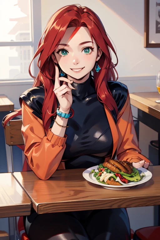 jean grey( big fat body), long red hair,makeup, green eyes,jewelry,bracelet,black headband,multi colored bodysuit, turtleneck,fingerless gloves,long sleeves, looking at viewer, smiling, happy, teeth,
sitting, inside a cozy restaurant, table, table full of food, salad, romantic ambiance, extreme detail,masterpiece, beautiful quality, 