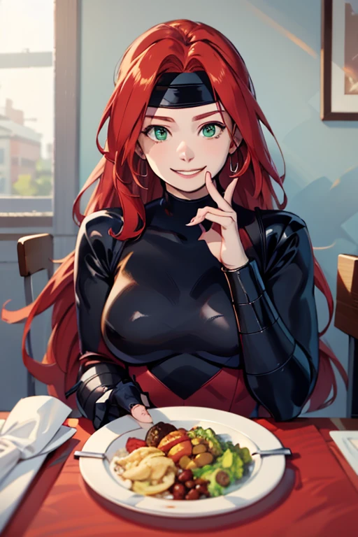 jean grey( big fat body), long red hair,makeup, green eyes,jewelry,bracelet,black headband,multi colored bodysuit, turtleneck,fingerless gloves,long sleeves, looking at viewer, smiling, happy, teeth,
sitting, inside a cozy restaurant, table, table full of food, salad, romantic ambiance, extreme detail,masterpiece, beautiful quality, 