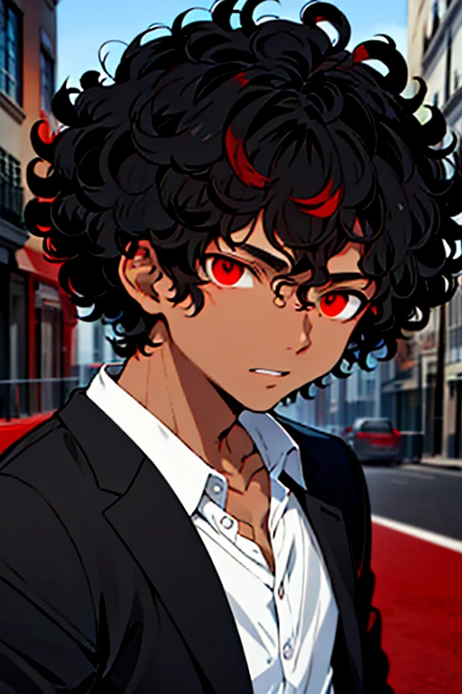 A boy, negro,  curly hair/Crespo,  red eyes , street, anime