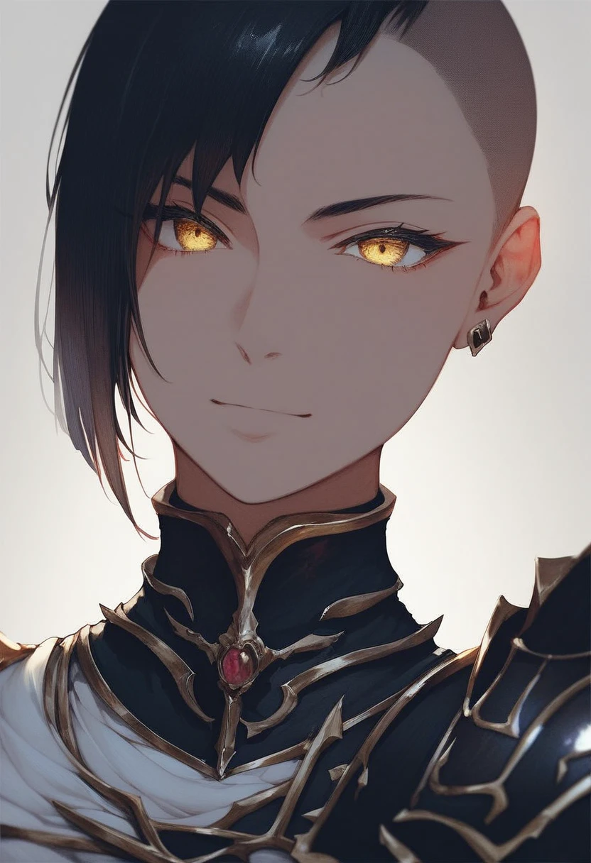 One woman, mature, female anime character with white undercut hair, undercut, aloof expression, yellow eyes, Sororitas, black sororitas armor, worn black long kama, detailed anime character art, dark, female anime character, facing center, close-up, ,dark colors, dark lighting, dark theme, low light, zPDXL3.