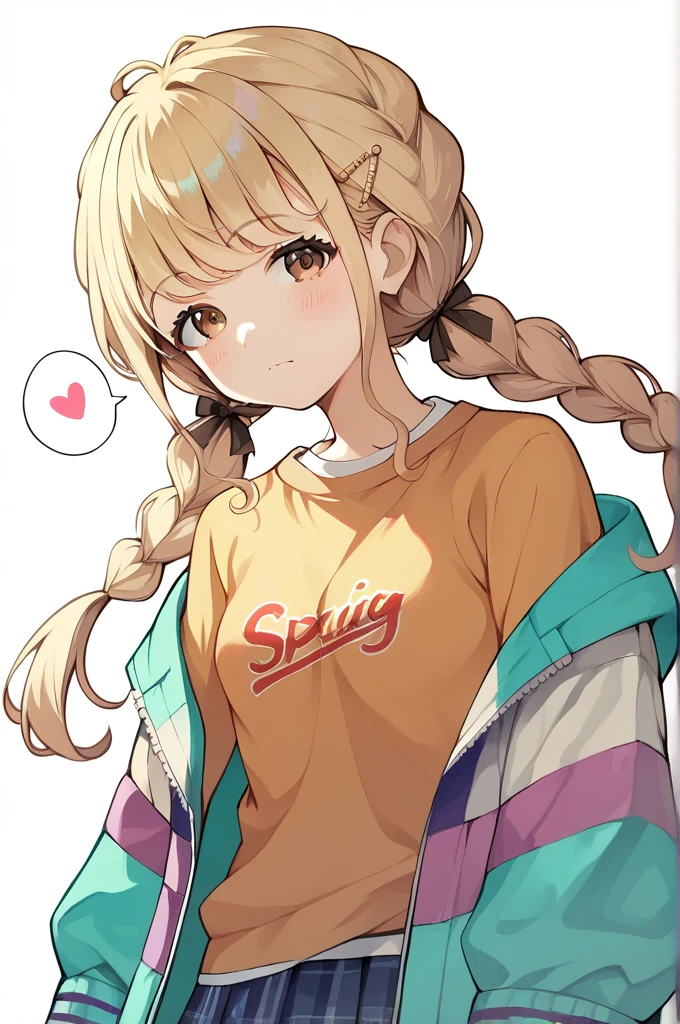 masterpiece,  top quality ,  high res,source_anime, Fujita Kotone , Fujita Kotone, brown eyes, Blonde, twin tails, braids, hair accessories,(White hair clip:0.8),  multicolored hoodie,Sleeves go past the wrist, orange shirt , plaid skirt, pleated skirt, Dutch Angle, small breasts, beautiful faces, beautiful eyes, detailed eyes,White background,spoken heart