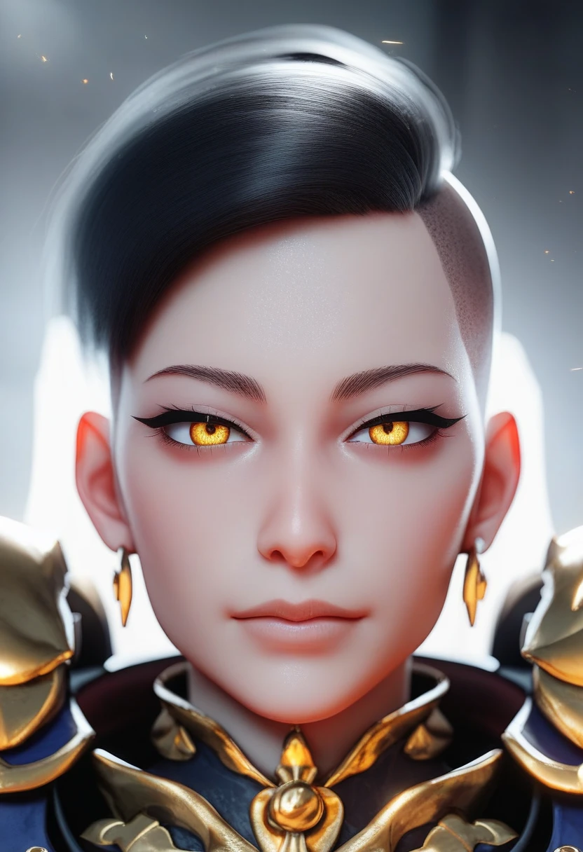 One woman, mature, female anime character with white undercut hair, undercut, aloof expression, yellow eyes, Sororitas, black sororitas armor, worn black long kama, detailed anime character art, dark, female anime character, facing center, close-up, ,dark colors, dark lighting, dark theme, low light, zPDXL3.