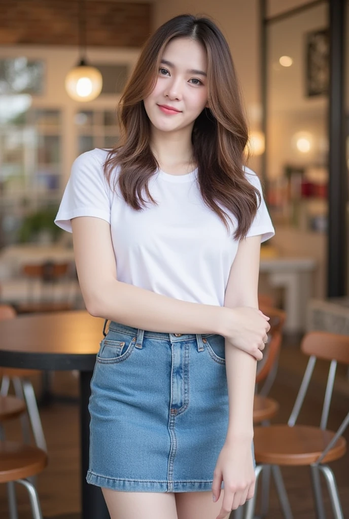  Korean girl with long hair, natural brown hair, loose, Fat figure,  Medium Chest ,  Smirk, Wear a white round neck T-shirt with short sleeves.,  Short blue pencil jeans skirt  , Random pose, standing ,  Moonlight , Daylight  ,Place in the cafe 