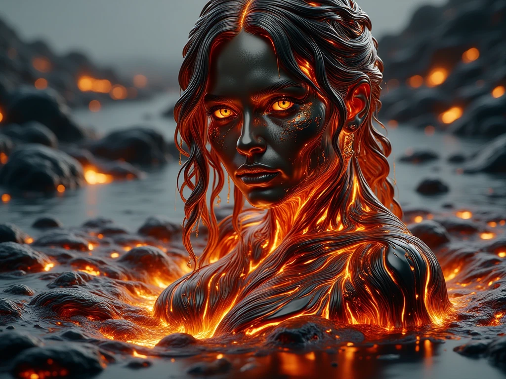 A fantastic image of an unearthly woman with loose rainbow hair emerging from the ocean of magma, waves of magma beating against her body at dusk, her hair reflecting light, shimmering with copper-gold-chrome rainbow colors, her gaze fixed into the camera, she looks intensely and warily, creating a magical atmosphere, otherworldly magic, magma shimmers around her bright shades of black and gold. at the bottom of the photo is the inscription ,, ART POOL GROUP,, made in gold three-dimensional letters. 
 cinematic composition, in high quality.tense mood . ral-xgom. ral-lva