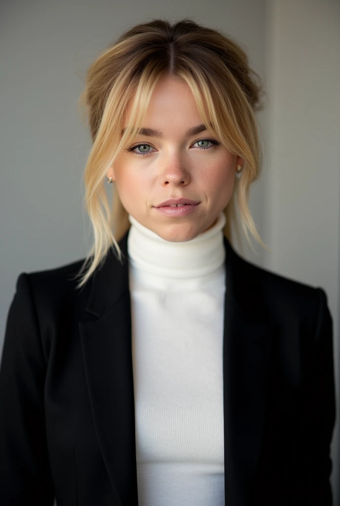 Milly Alcock, blonde hair ponytail with bangs,black blazer,white turtleneck sweater