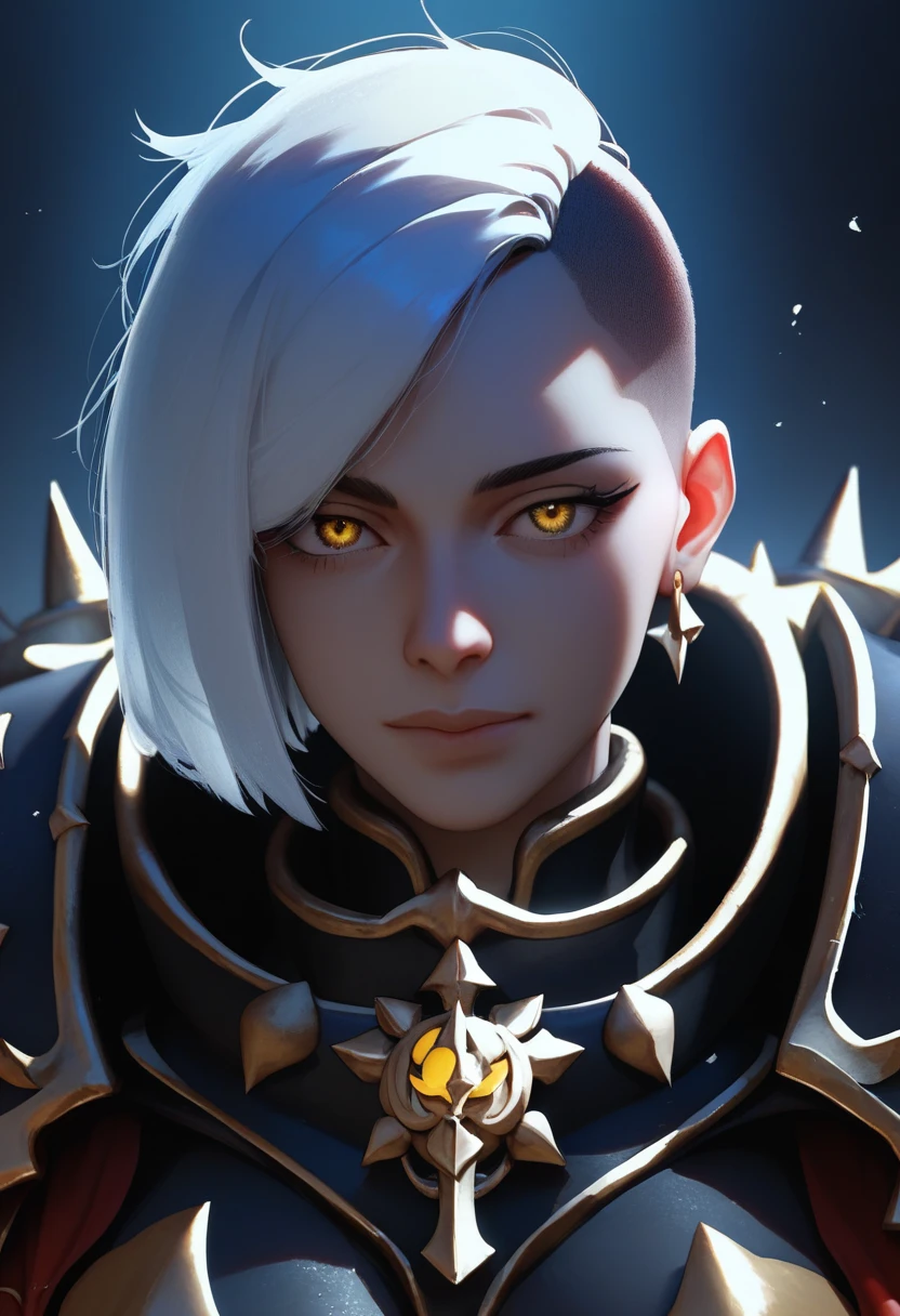 One woman, mature, female anime character with white undercut hair, undercut, aloof expression, yellow eyes, Sororitas, black sororitas armor, worn black long kama, detailed anime character art, dark, female anime character, facing center, close-up ,dark colors, dark lighting, dark theme, low light, zPDXL3.