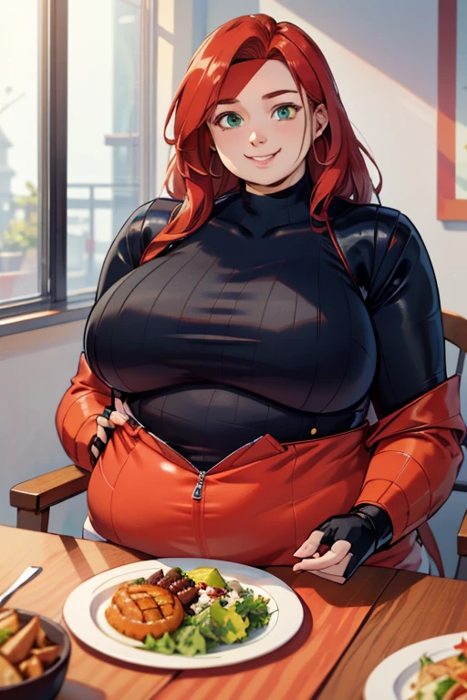 jean grey(obese figure:1.5), long red hair,makeup, green eyes,jewelry,bracelet,black headband,multi colored bodysuit, turtleneck,fingerless gloves,long sleeves, looking at viewer, smiling, happy, teeth,(clothes that fit your big, fat body size), (Perfect anatomy of an obese female body),
sitting, inside a cozy restaurant, table, table full of food, salad, romantic ambiance, extreme detail,masterpiece, beautiful quality, 