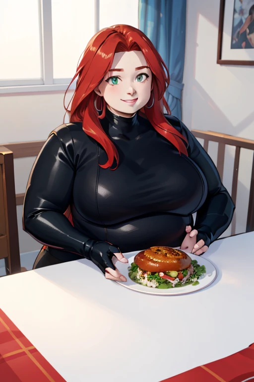 jean grey(obese figure:1.5), long red hair,makeup, green eyes,jewelry,bracelet,black headband,multi colored bodysuit, turtleneck,fingerless gloves,long sleeves, looking at viewer, smiling, happy, teeth,(clothes that fit your big, fat body size), (Perfect anatomy of an obese female body),
sitting, inside a cozy restaurant, table, table full of food, salad, romantic ambiance, extreme detail,masterpiece, beautiful quality, 