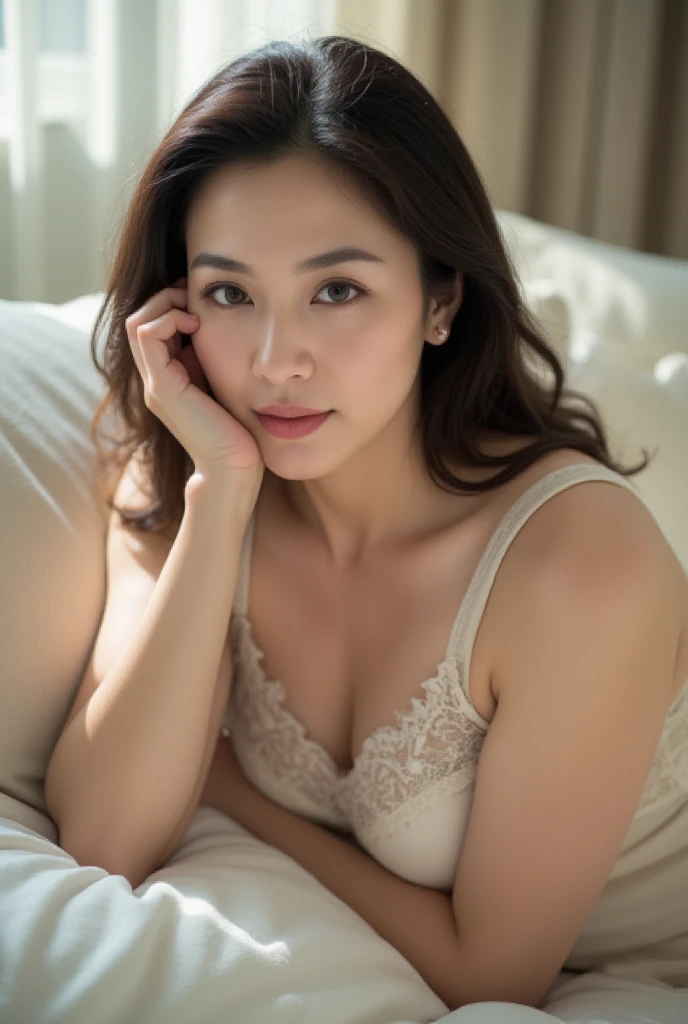 Mature Woman, ( detailed description of hair ), (Detailed description of the face), (Detailed description of the body), high res, masterpiece,  top quality ,  high detail , formal: 1.4), ( realistic : 1.2, 超 realistic な: 1.1,  realistic: 1.37), ( sharp focus : 1.4),  depth of field ,  Physically Based Rendering ,  wavy hair , ,  unrivaled beauty , (Ultimate beauty), (lipstick:1.1), ( eyeliner :1.2), ( mascara), ( eyeshadow), (58 years old,: 1.4), Japanese、 fine lines of laughter :1.2、seductive smile,(Nude Beige x Lace and Silk Camisole Set )、 A woman lying on a bed in a relaxed pose, resting her head on a hand. She is dressed in an elegant, flowing nightgown, and the background features soft, pastel-colored pillows. Gentle morning sunlight streams through a nearby window.