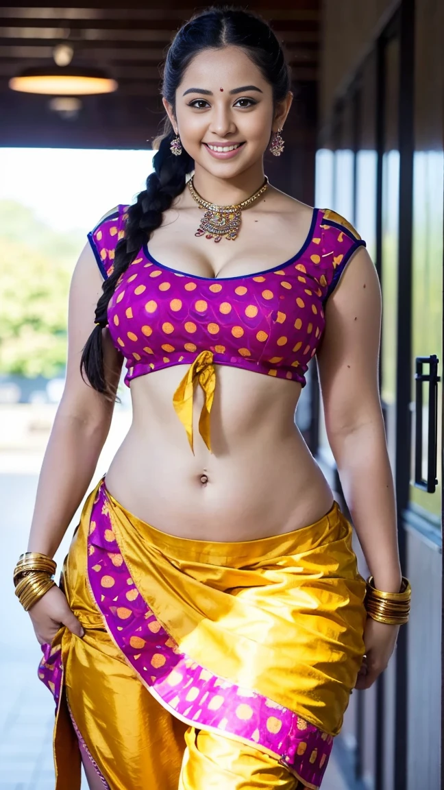 HD wallpaper 32k cinematic shoot of a Beautiful cute girl, with thick thighs and a curvy waist, twin braids,  wearing an Indian blouse top, horny, seductively, in a school corridor, dotted blouse top, smiling, ((long curvy waist)), ((lowwaist)), (((deep neckline))), ((()))