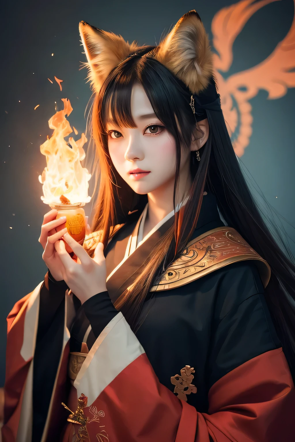  One girl ,Alone,,  Official Art , unity 8k wallpaper,  ultra detail,  beautiful and aesthetic,  beautiful, masterpiece,  top quality ,, Fox Witch, Fox Mask, Haori,  Foxfire Spell, Fox&#39;s Charm, conversion,