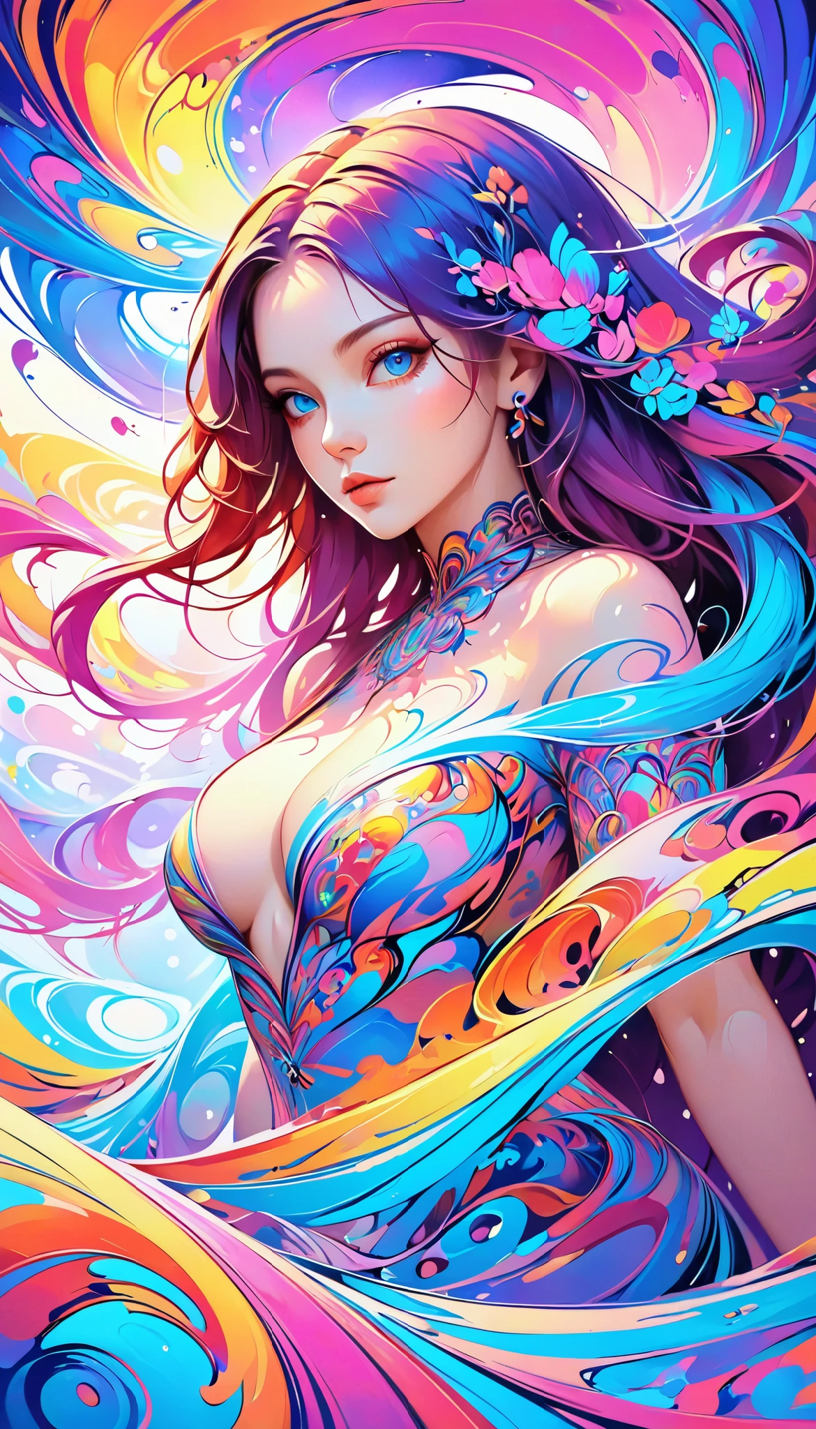  Painting of a woman with long and colorful hair,  beautiful digital illustrations ,  AMAZING DIGITAL ILLUSTRATION , amazing digital art,  beautiful artwork illustrations ,  beautiful digital art work,  beautiful digital art , Exquisite digital illustration,  intricate digital paint , very  beautiful digital art , Vivid Digital Paint , beautiful amazing digital art,  psychedelic flowing hair,  colorful digital painting , Inspiring digital art,   stylized digital art  