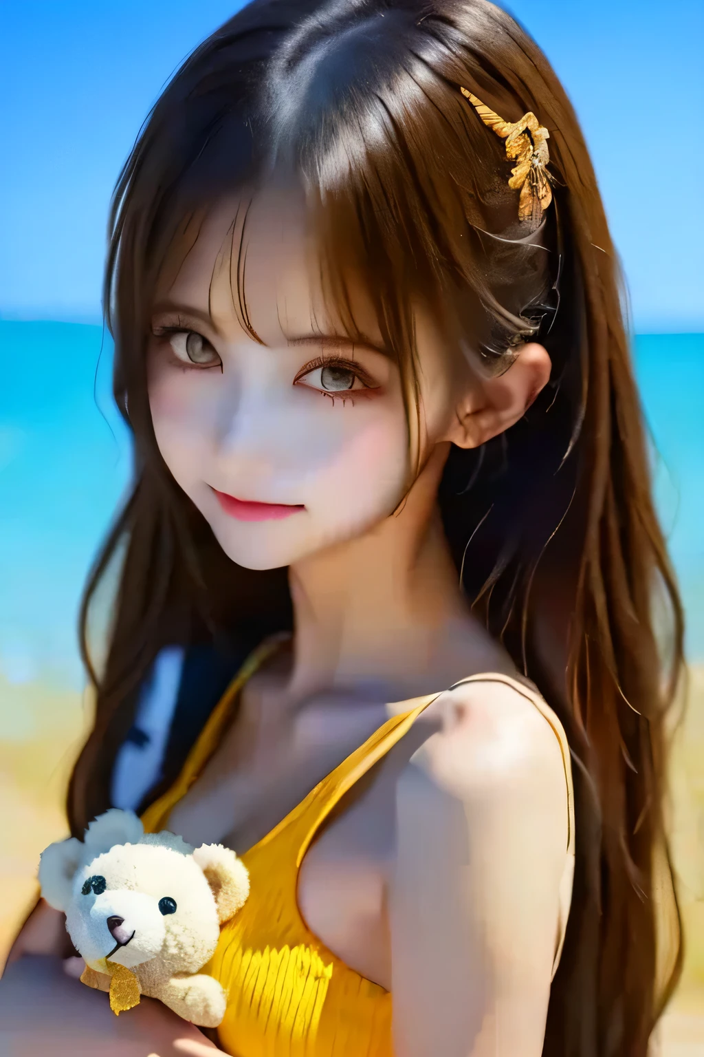 There is a woman holding a stuffed bear at the beach,  cute realistic portrait,  Cute Anime Girls,  Cute Girl Anime Visual , smooth anime cg art,  guweiz style artwork, portrait of  Cute Anime Girls, Cute portrait,  beautiful anime portrait,  beautiful anime girl,  Cute Anime Girls portrait,  realistic anime 3d style in the style of Kantai Collection