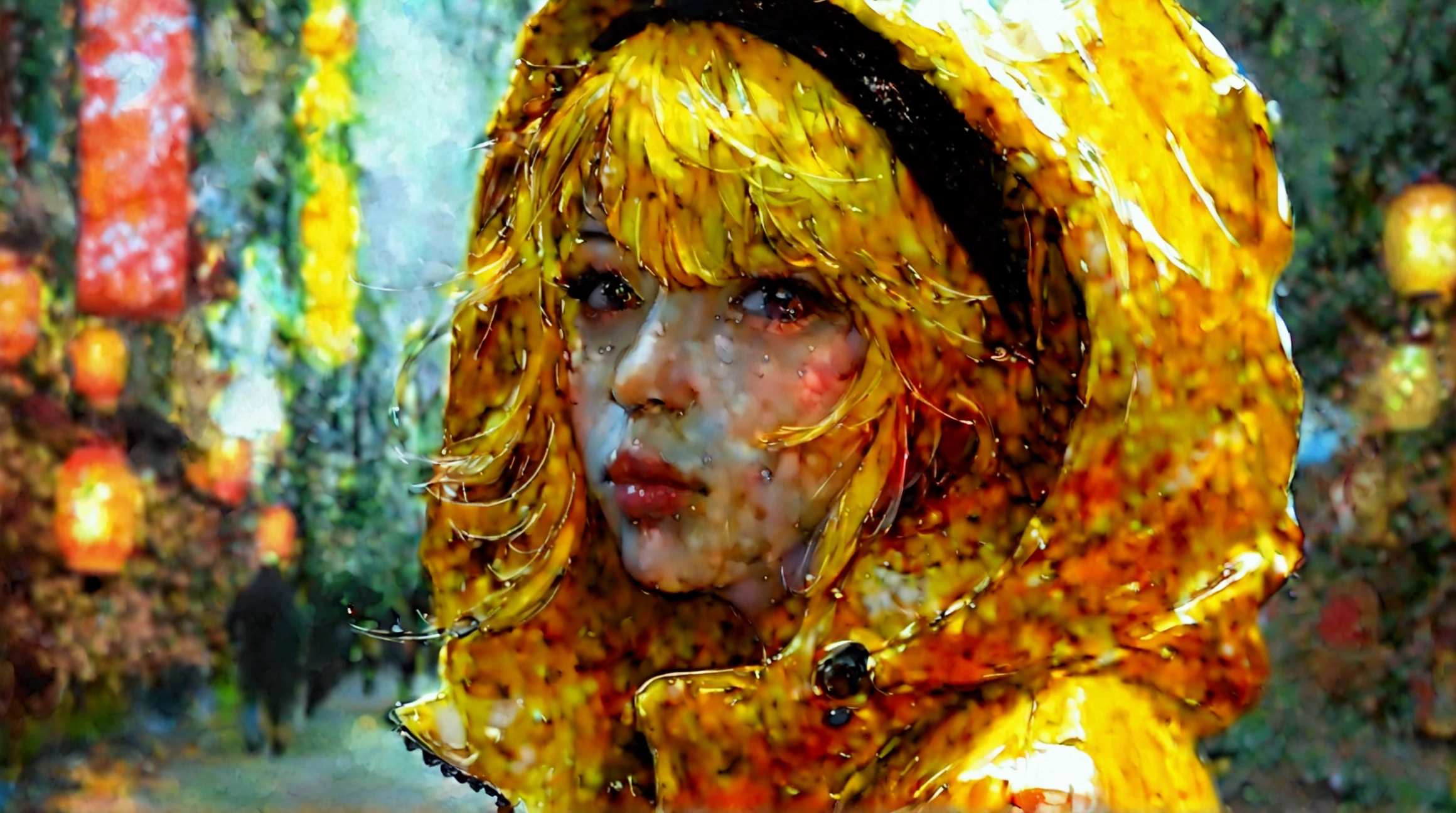  adult woman,  yellow hair, whole body, One person, flashy illustration ,  oversized hoodie, Japan,  anime style, Curly hair, 