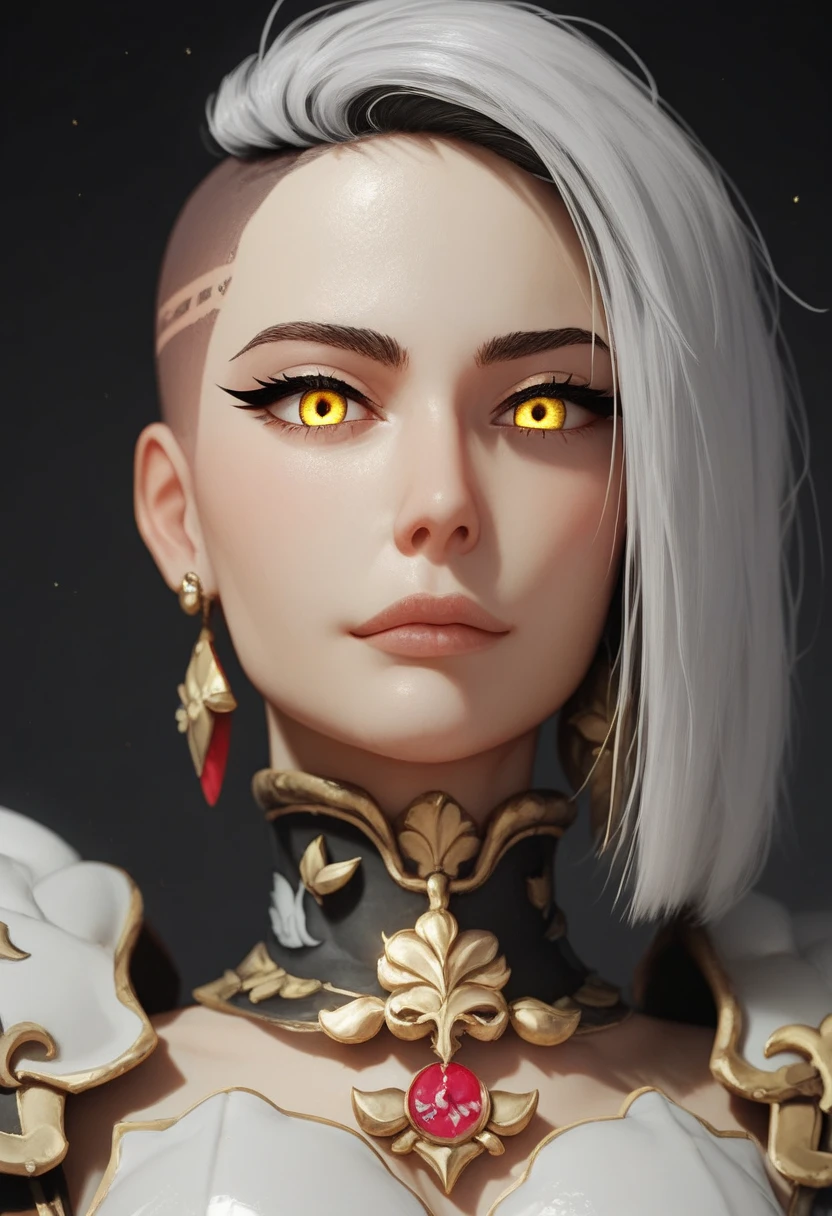 One woman, mature, female anime character with white undercut hair, undercut, aloof expression, yellow eyes, Sororitas, black sororitas armor, worn black long kama, detailed anime character art, dark, female anime character, facing center, close-up ,dark colors, dark lighting, d4rk01l, zPDXL3.