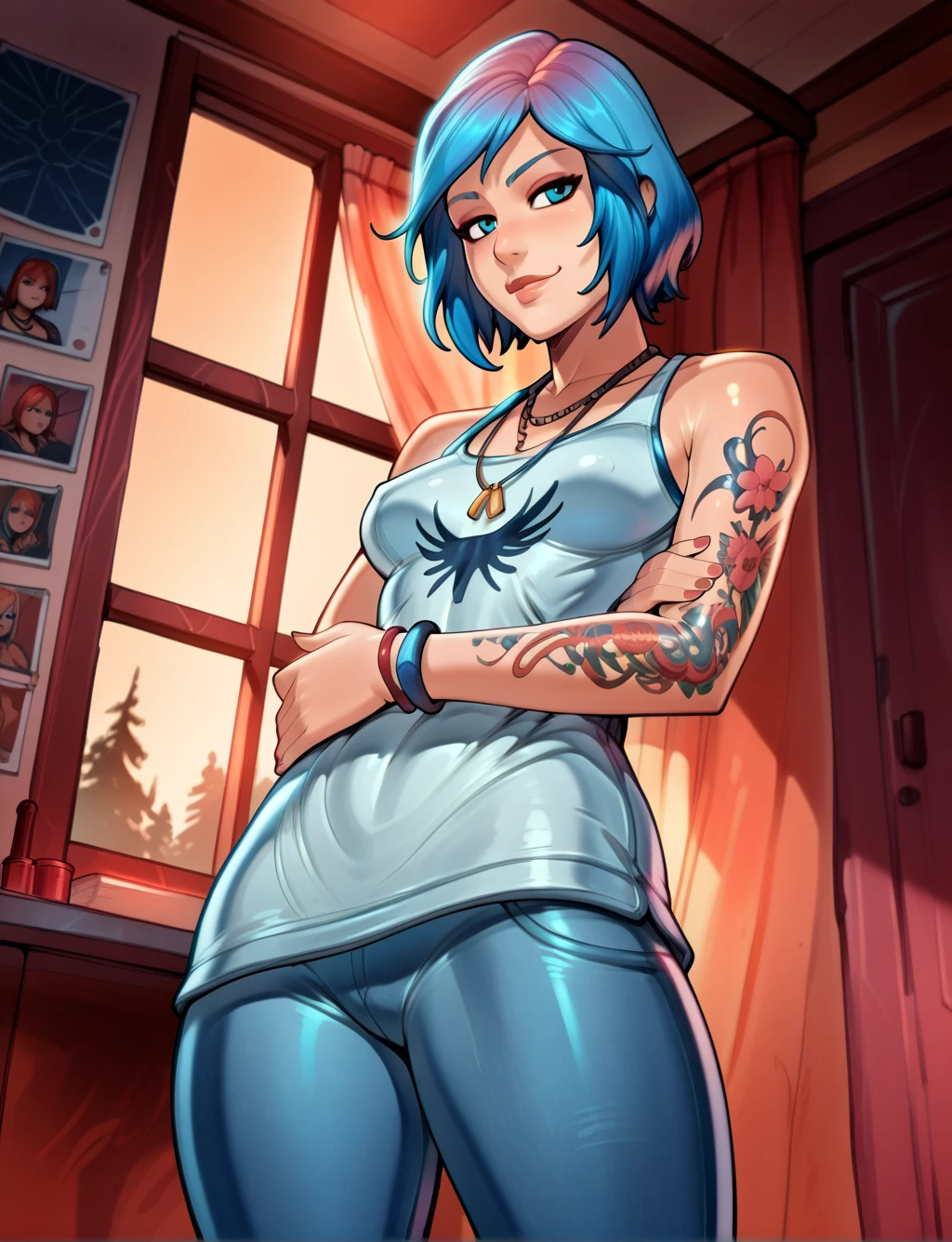 score_9, score_8_up, score_7_up, score_6_up, score_5_up, score_4_up, 1 girl,
BREAK, chloeprice, medium breasts, blue eyes, blue hair, necklace, with arm tattoo, low angle, smirk, reiq art style,, massive buldge in pants