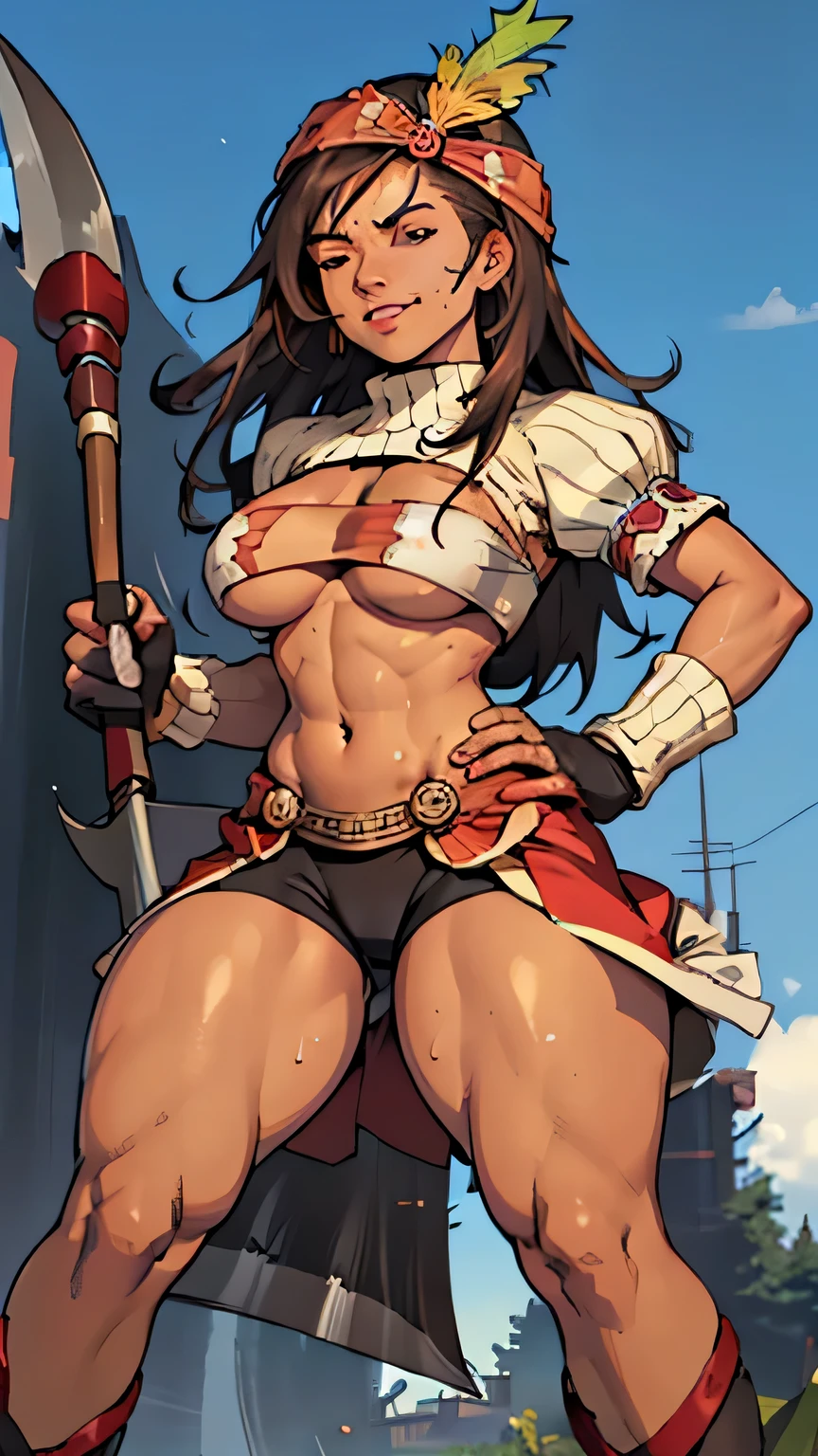masterpiece, best quality, ff9lani, dark skin, bandana, feather hair ornament, turtleneck, cleavage, puffy sleeves, bandeau, ((red overskirt)), ((short shorts)), gloves, large breasts, ,  (thick thighs:1.6) ((wide hips)) (narrow waist:1.4) ((toned body)) ((muscular female)) shinny skin, sweaty, sweat, sweat drop, shredded abs, atheltic body, redish-brown hair, sexy, half-closed eyes, ,full body,   , golden tan skin, thigh gap, ((underboobs)), (wielding huge axe:1.6) from below, cameltoe