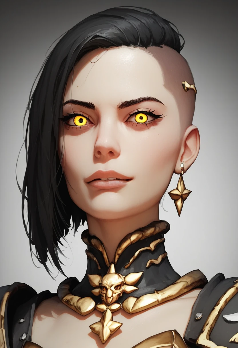 One woman, mature, female anime character with white undercut hair, undercut, aloof expression, sharp face, yellow eyes, Sororitas, black sororitas armor, worn black long kama, detailed anime character art, dark, female anime character, facing center, close-up ,dark colors, dark lighting, d4rk01l, zPDXL3.