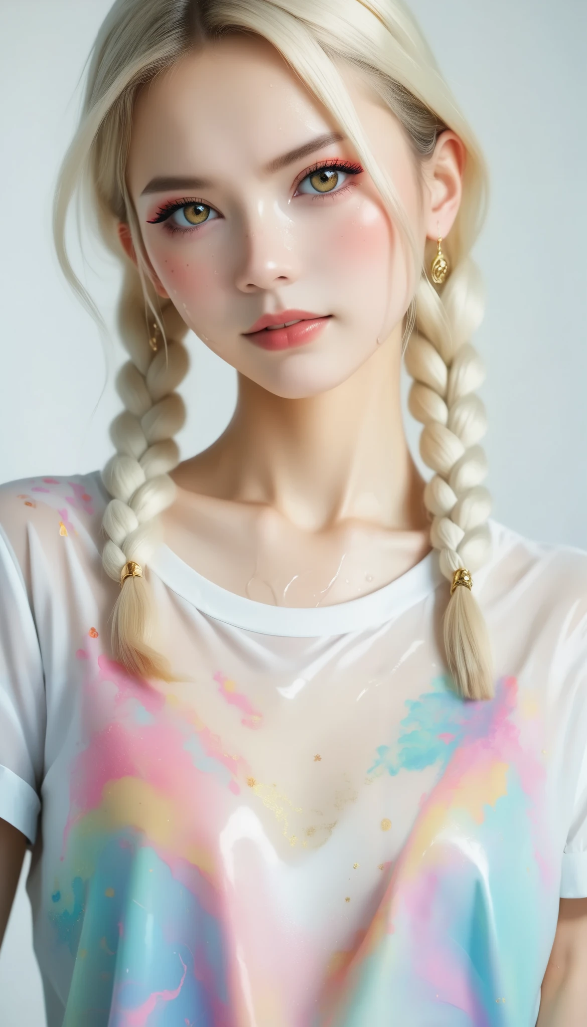 Idol Girl,  cute girl, , White braids,  intricate face detail ,  detailed face , Golden Proportional Face ,  Japanese, 非常に若い Japanese, k uhd, Hyper HD,  high dynamic range ,  High Quality ,   High Details  ,  super detailed ,  very detailed,  vibrant,  surreal, Artistic,  Reveals Details , Body Details,  Intricate Art Masterpiece ,  Art Station Hot Topics, Angry face, Wearing a thigh-length shirt, See-through clothing, Sweaty skin,  can see the chest