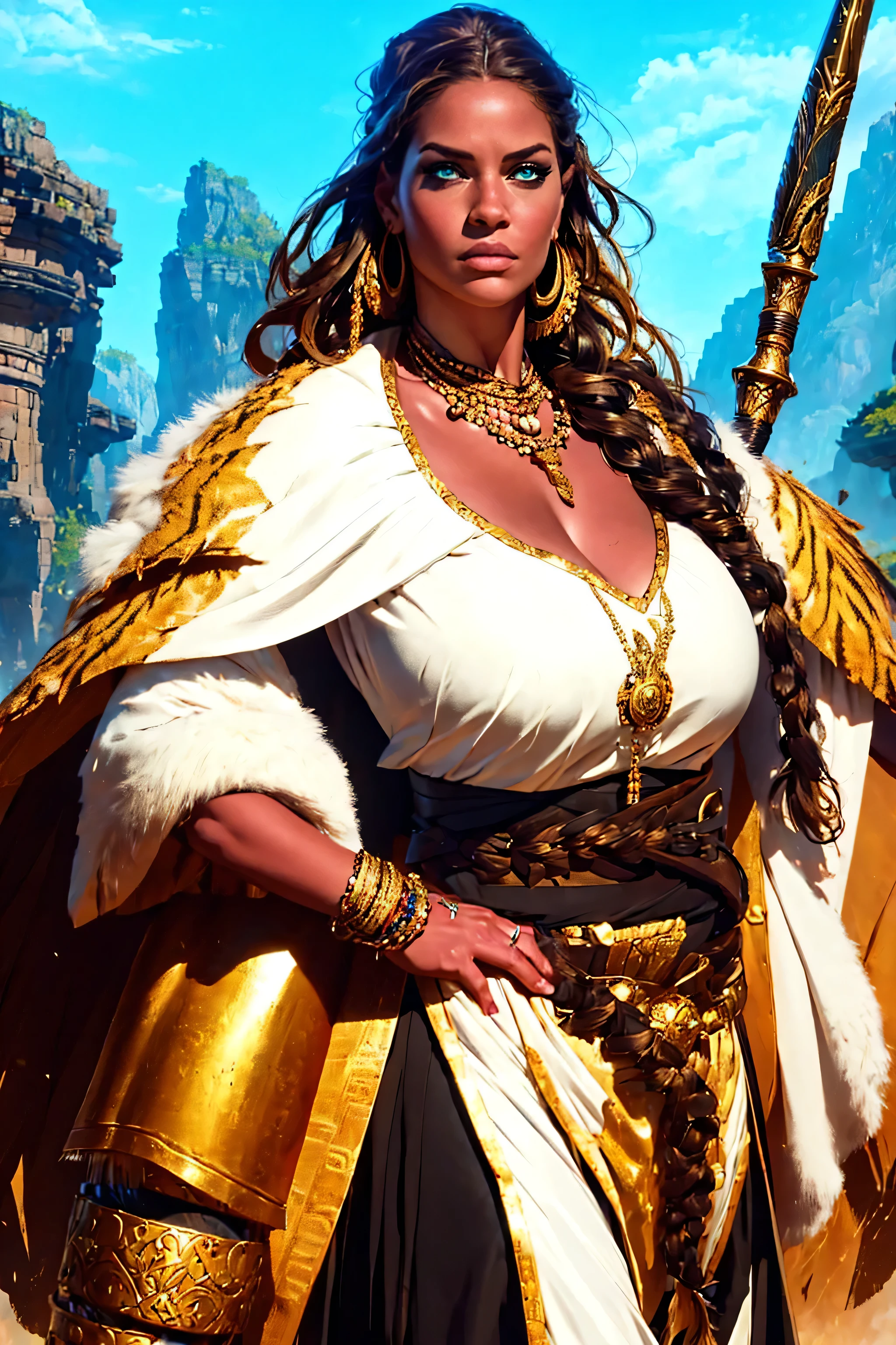 (masterpiece, photorealistic, award winning). (light skin). A digitally drawn illustration depicting an epic fantasy scene, featuring a sexy, busty, alluring female warrior (exposed cleavage, showing cleavage) in the foreground, slightly to the right of center. She has long brown hair flowing gracefully behind her back, with an intricate braid adorned with a golden headband adorned with tiny feathers and beads. Her face is riddled with battle scars, adding to her ferocious feel. The warrior wears elaborate white armor with gold details, including embellished shoulder pieces, a circular patterned chest plate, and a protective cup on her left shoulder. Her outfit is complemented by a striking jeweled necklace and matching gold earrings. She holds a long staff with a triangular blade on top, gripping it tightly in both hands. The staff features intricate metalwork with bronze highlights and a dark wooden handle. Behind her, a large, majestic white tiger stands out in the background. Its lush mane and strong power add to the grandeur of the scene. The tiger’s fur is meticulously drawn with soft details and textures, while its piercing amber eyes reflect strength and intelligence. The bright, natural lighting emphasizes the warrior’s resolute gaze. and creates dramatic shadows that enhance the textures of the clothing and accessories. The overall composition emphasizes the contrasts between the human and animal forms, creating a harmonious yet vibrant visual experience. The color palette incorporates warm hues such as beige, golden yellow and brown, with high contrast and medium color intensity, giving the artwork a rich and mysterious mood.