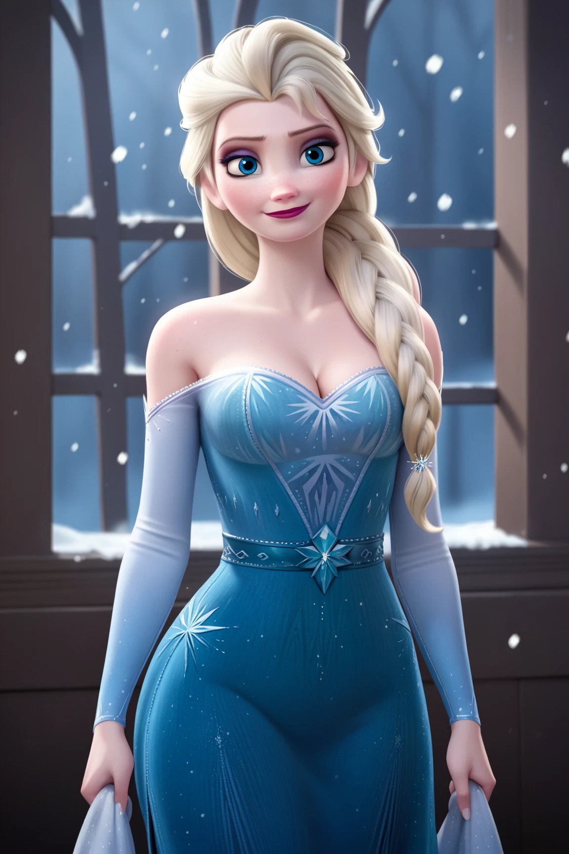 score_9, score_8_up, score_7_up, score_6_up, score_5_up, score_4_up, BREAK, source_anime,
1girl, Tall elsa \(frozen\), Tall height, Prominent Neck, blonde hair, hair over shoulder, long hair, blue eyes, slight chubby body,
blue dress, bare shoulders, cleavage, makeup,
closed mouth, smile, looking at viewer, solo, Arendelle background, snowing, holding a chocalate,  