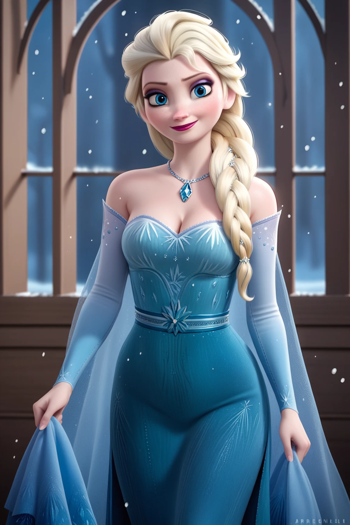 score_9, score_8_up, score_7_up, score_6_up, score_5_up, score_4_up, BREAK, source_anime,
1girl, Tall elsa \(frozen\), Tall height, Prominent Neck, blonde hair, hair over shoulder, long hair, blue eyes, slight chubby body,
blue dress, bare shoulders, cleavage, makeup,
closed mouth, smile, looking at viewer, solo, Arendelle background, snowing, holding a chocalate,  