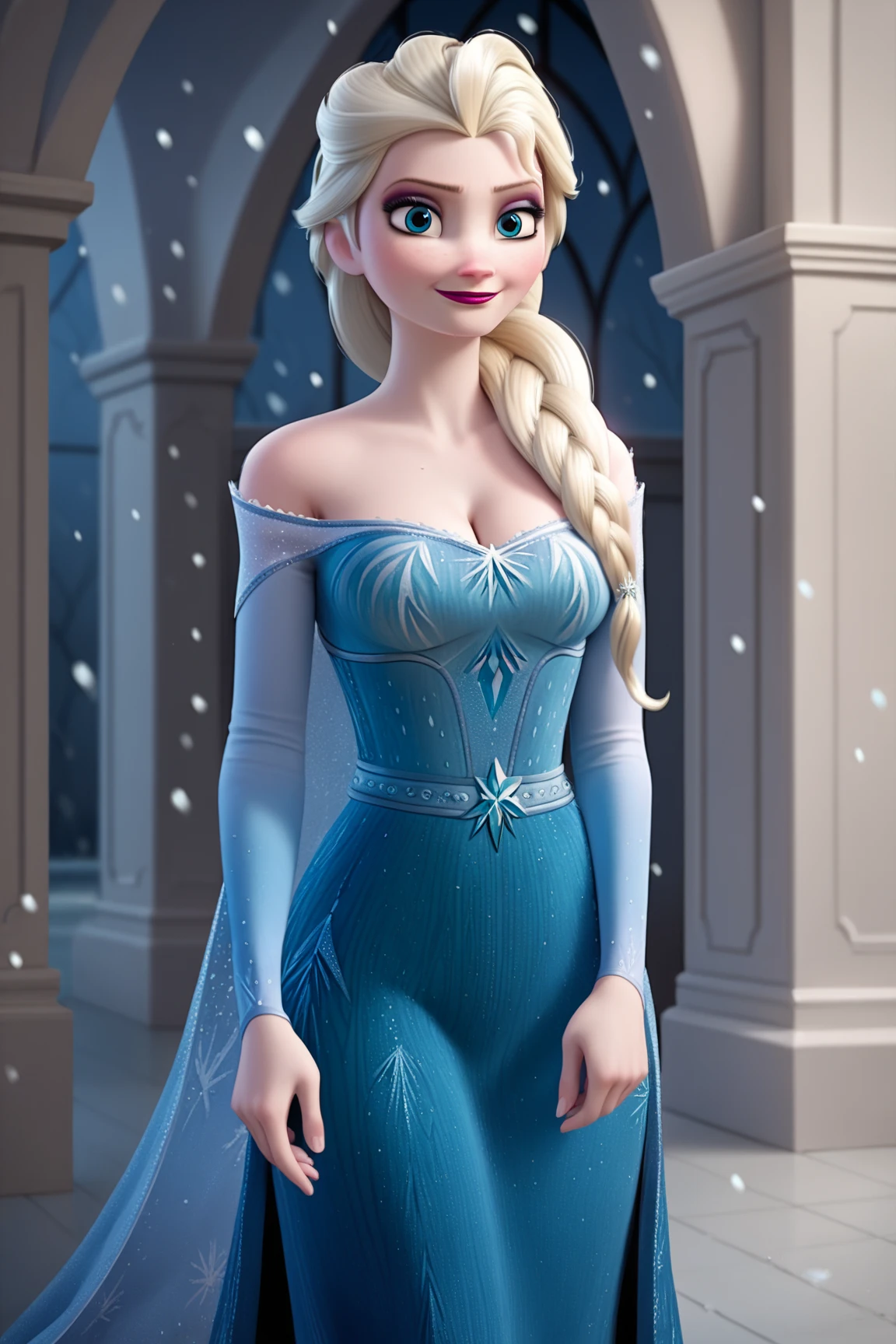 score_9, score_8_up, score_7_up, score_6_up, score_5_up, score_4_up, BREAK, source_anime,
1girl, Tall elsa \(frozen\), Tall height, Prominent Neck, blonde hair, hair over shoulder, long hair, blue eyes, slight chubby body,
blue dress, bare shoulders, cleavage, makeup,
closed mouth, smile, looking at viewer, solo, Arendelle background, snowing, holding a chocalate,  