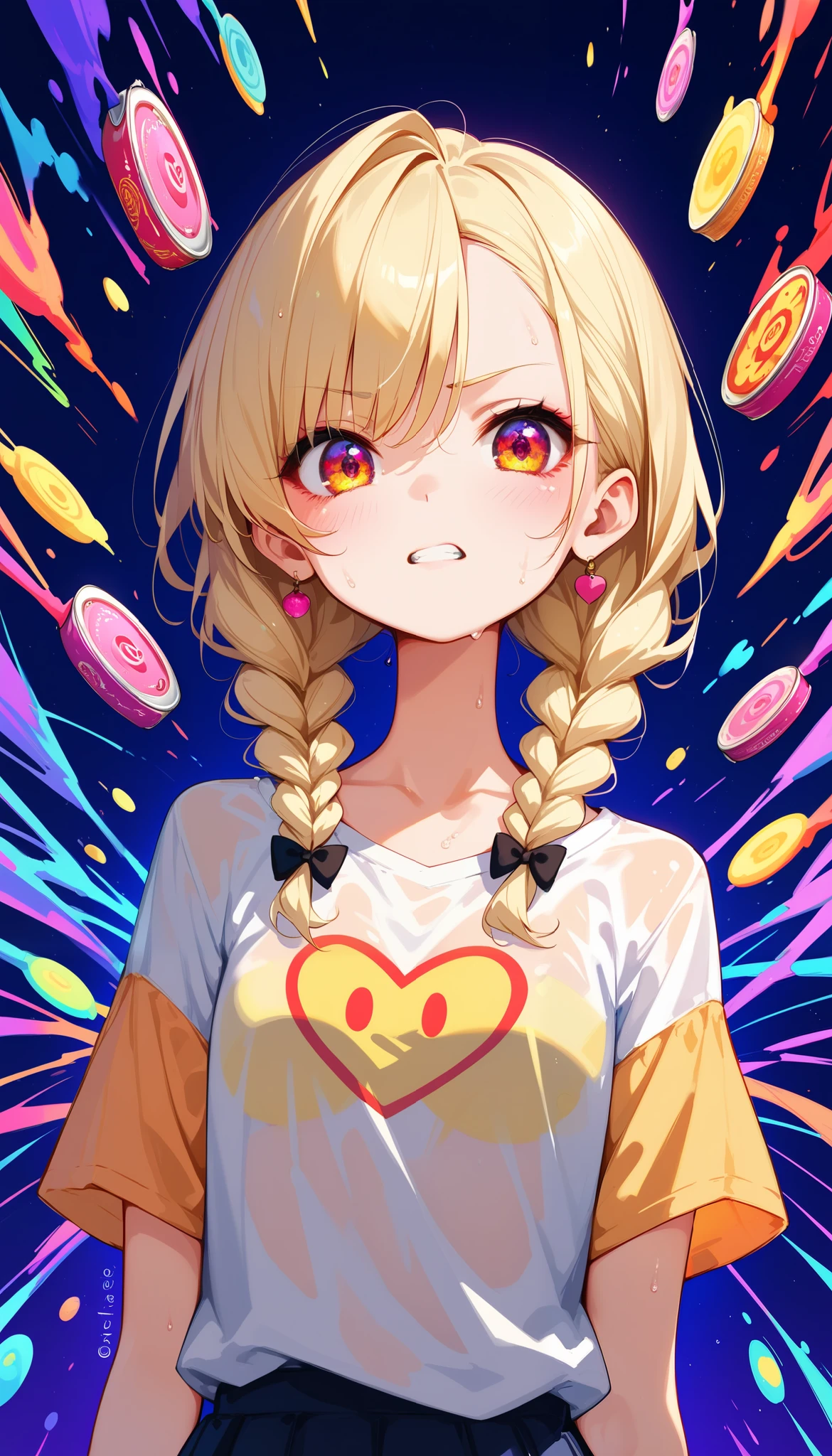 Idol Girl, cute girl, , White braids, intricate face detail , detailed face , Golden Proportional Face , Japanese, 非常に若い Japanese, k uhd, Hyper HD, high dynamic range , High Quality , High Details , super detailed , very detailed, vibrant, surreal, Artistic, Reveals Details , Body Details, Intricate Art Masterpiece , Art Station Hot Topics, Angry face, Wearing a thigh-length shirt, See-through clothing, Sweaty skin, can see the chest