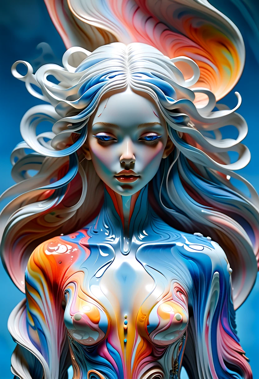 （Super Fine，lifelike：1.37），Psychedelic abstract art：3D goddess sculpture made of flowing liquid，Beautiful blue eyes，Serene expression，soft flowing hair，Upper Body，Background of the myth，creative composition，Liquid textures and patterns，High-resolution rendering，Crystal clear，Exquisite craftsmanship，Dreamy atmosphere，Sensual and fascinating，masterpiece：1.2。