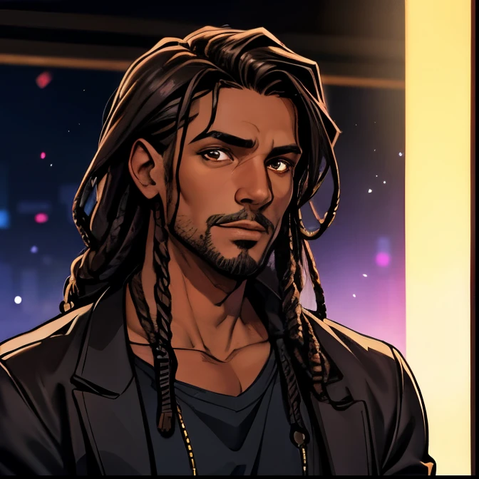Handsome 40 year old man, romantic goth, brown skin, brown eyes, long black dreadlocks, in a club