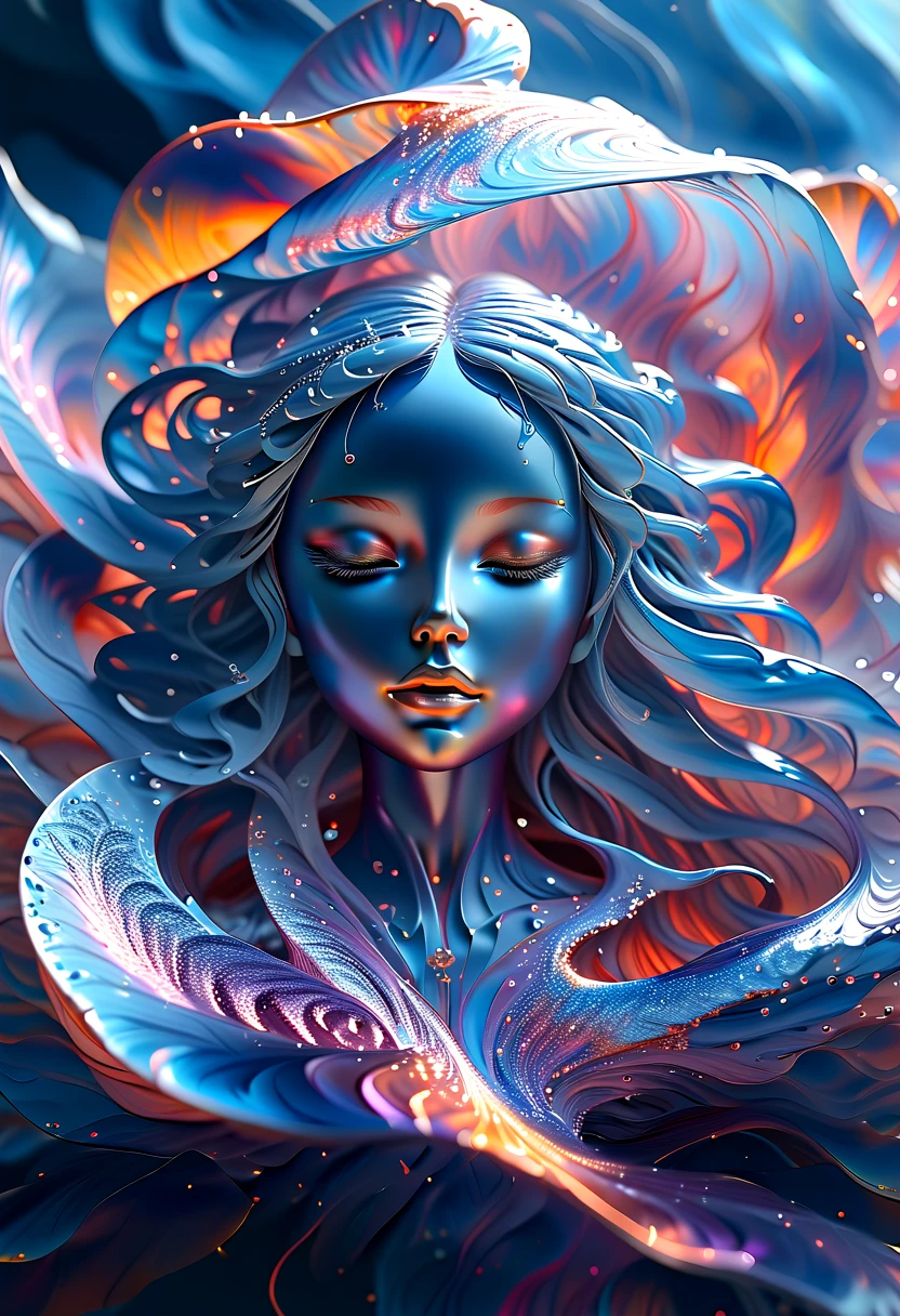 （Super Fine，lifelike：1.37），Psychedelic abstract art：3D goddess sculpture made of flowing liquid，Beautiful blue eyes，Serene expression，soft flowing hair，Upper Body，Background of the myth，creative composition，Liquid textures and patterns，High-resolution rendering，Crystal clear，Exquisite craftsmanship，Dreamy atmosphere，Sensual and fascinating，masterpiece：1.2。