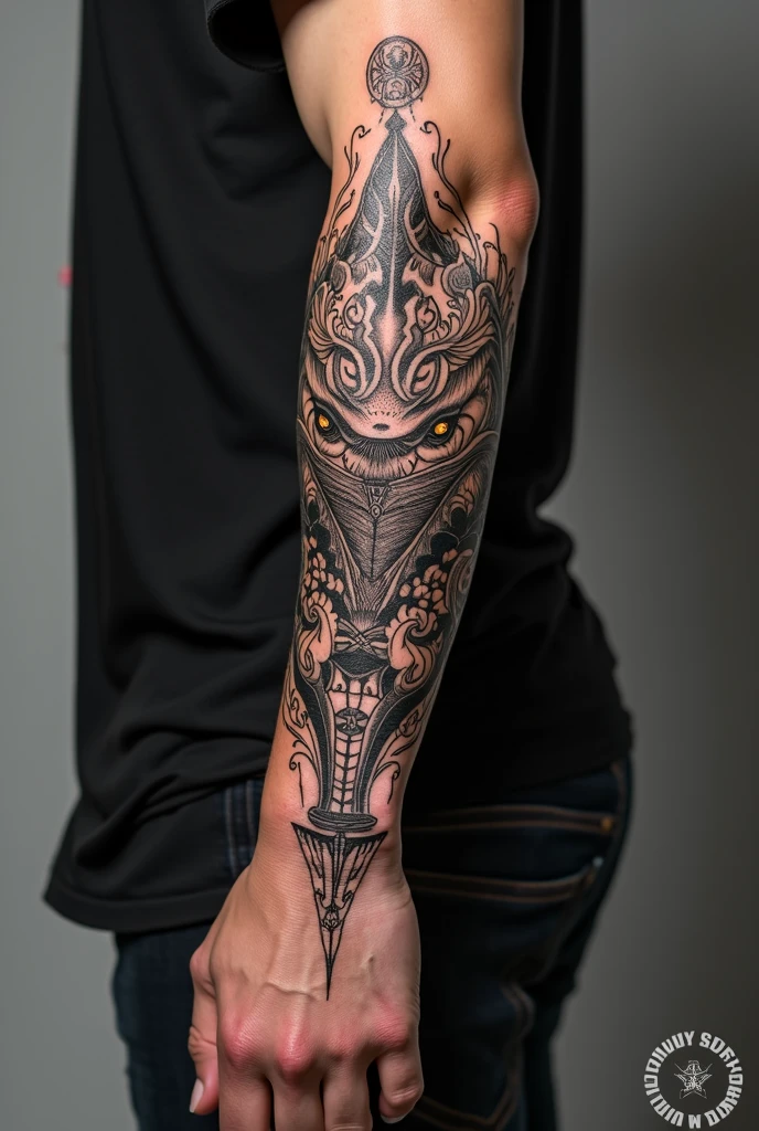 Create a hand tattoo design that combines blackout, the spine and eyes