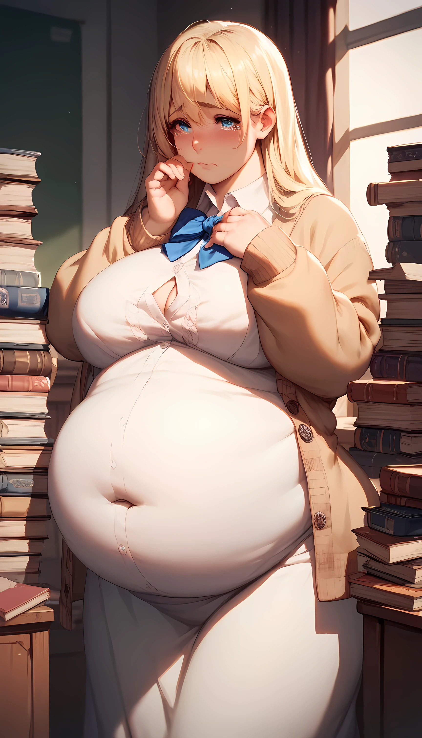 chubby, curvy, fat, dress, cardigan, large breasts, extremely long lenght Blonde hair, standing, School campus in background, overweight, big belly, Shy expression, teary eyes, beautiful blue eyes, attractive, pretty, books on her hand, sad