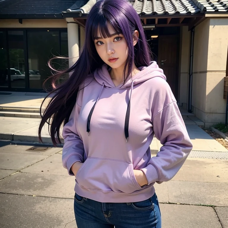 Good quality, details, outdoor background, mature hinata hyuuga, big breasts, purple hoodie, long hair, purple hair, short jeans, blue eyes, white eyes, based in naruto shippuden art style, Close-Up, hands in pockets, realistic,