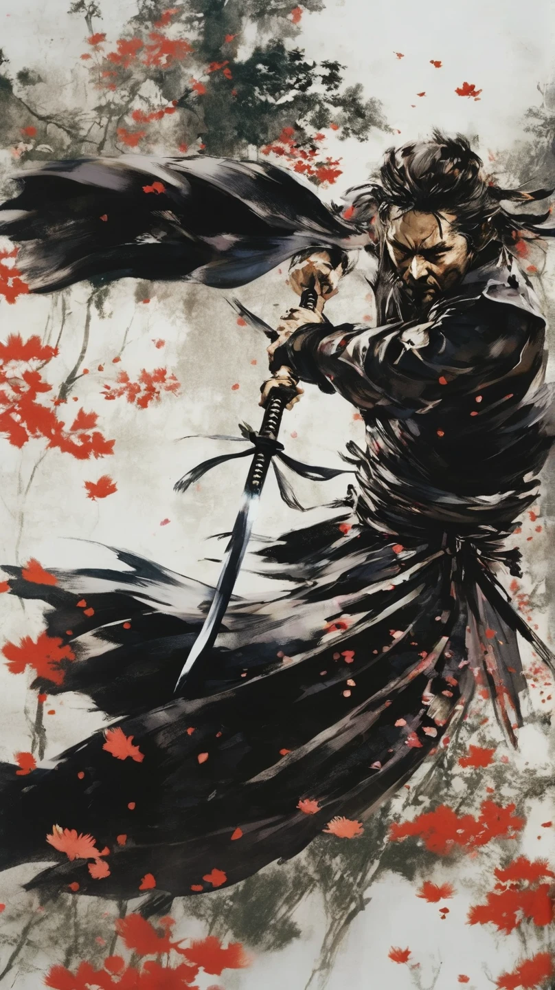 score_9, score_8_up, score_7_up, man with black jinbei, unsheathing a katana in front of his face, sakura petals flying around, serious face, Black eyes, Dark Background, Mystical Light Falls on samurai, intricate details, Epic picture, Epic scene, dramatic lighting, high budget, bokeh, cinemascope, moody, epic, gorgeous, film grain, grainy, masterpiece, best quality, yoji shinkawa