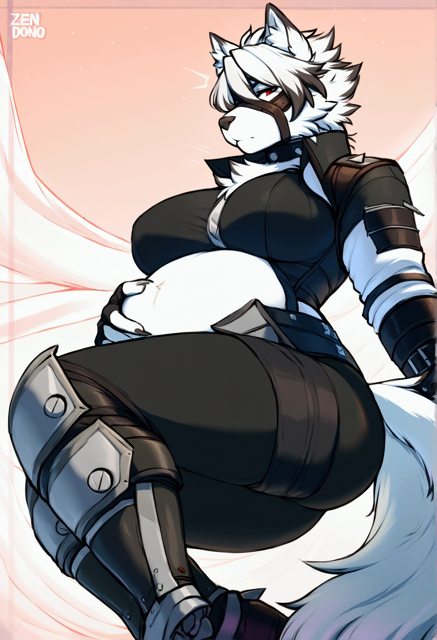 ((8k, 4k, Detailed, High quality, masterpiece, perfect anatomy)), Assassin's Creed, furry, female, mature female, ((by Kilinah, fluff-kevlar)), Von Lycaon, (Zenless Zone Zero), wolf, sexy body, breasts, cute face, red eyes, eye patch, fluffy tail, Assassin's Creed armor, lingerie, assassin face mask, pregnant