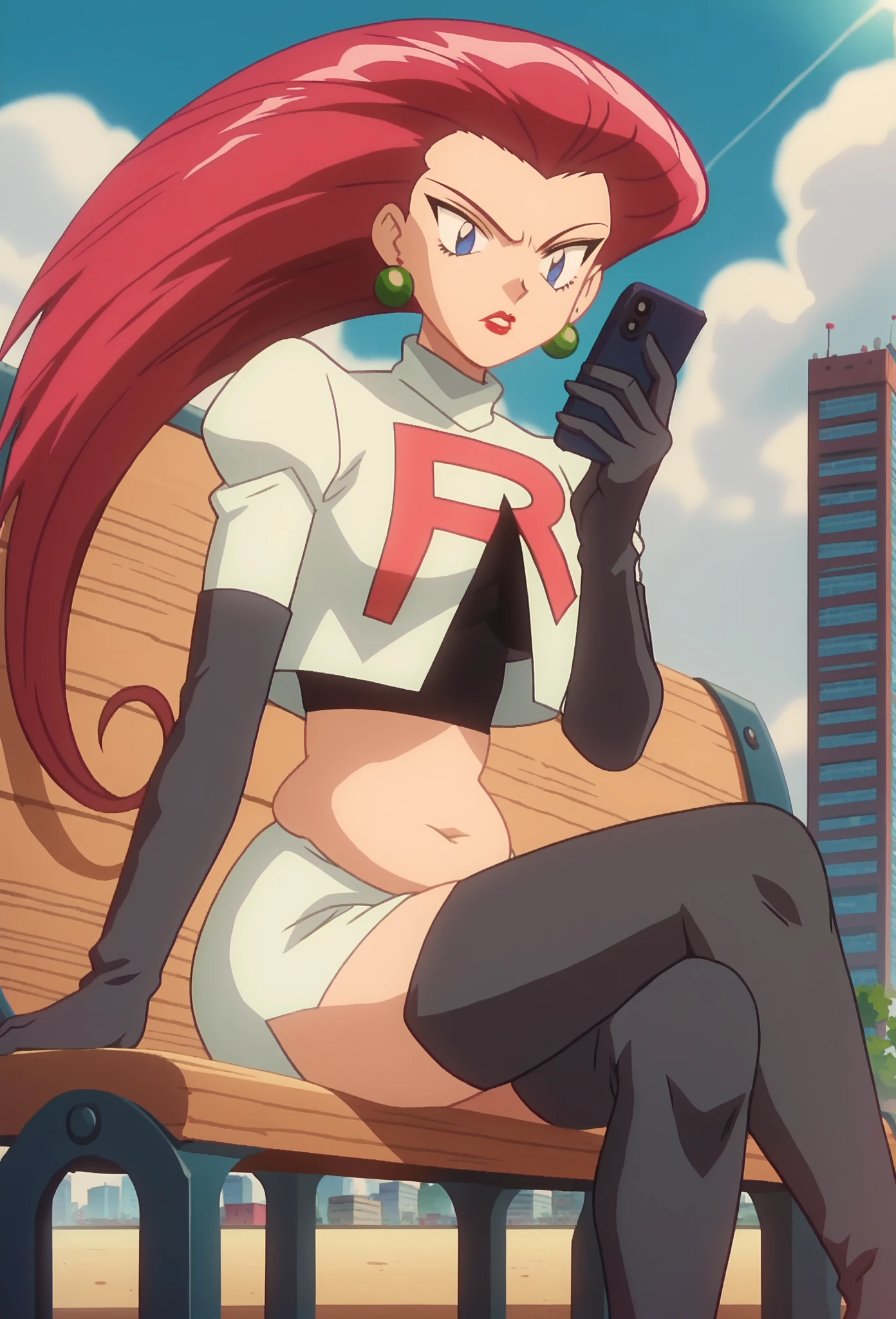 score_9, score_8_up, score_7_up, score_6_up, anime screencap, anime coloring, PMJessie, red hair, long hair, chubby belly, blue eyes, Red lipstick, surprised eyes,  earrings, 
team rocket uniform, cropped jacket, elbow gloves, navel, miniskirt, thighhighs, gained sone weight, belly curves, detailed, fair skin,
sitting, bench, crossed legs, holding a  phone and talking with phone, elbow on knee, hand on own chin, 
BREAK day, blue sky, sunlight, sunbeam, cityscape,