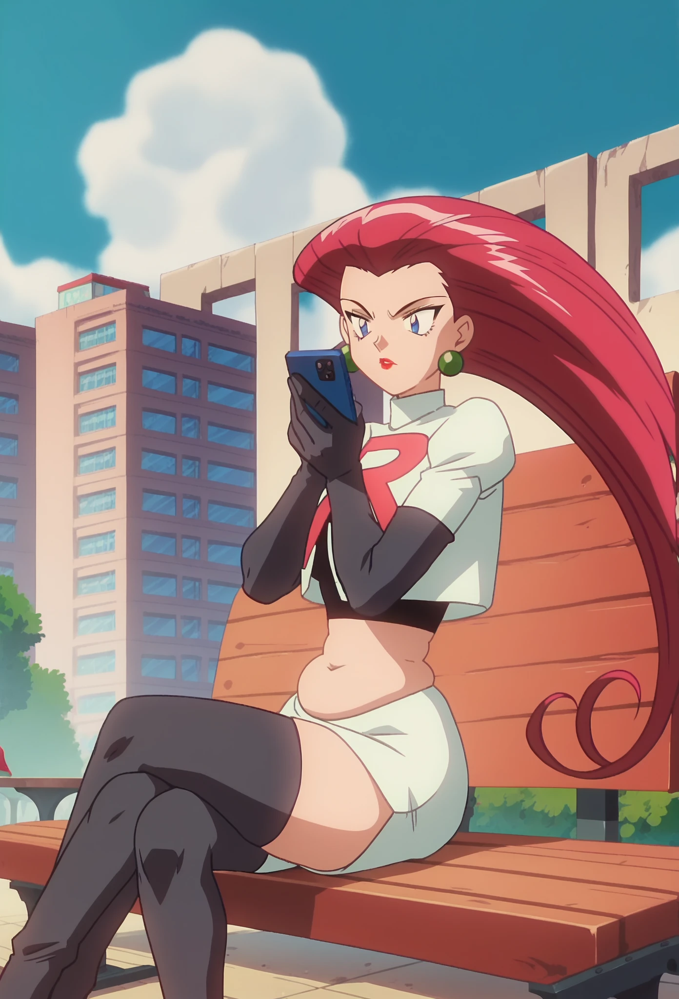 score_9, score_8_up, score_7_up, score_6_up, anime screencap, anime coloring, PMJessie, red hair, long hair, chubby belly, blue eyes, Red lipstick, surprised eyes,  earrings, 
team rocket uniform, cropped jacket, elbow gloves, navel, miniskirt, thighhighs, gained sone weight, belly curves, detailed, fair skin,
sitting, bench, crossed legs, holding a  phone and talking with phone, elbow on knee, hand on own chin, 
BREAK day, blue sky, sunlight, sunbeam, cityscape,