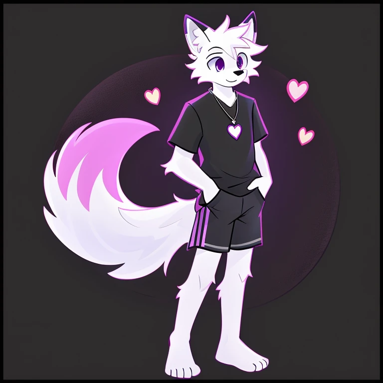  A hairy teenage fox and him being a man with white fur having bright purple eyes in neon and having legs and being thin and tall and with a scar on one eye    ,      having short male hair      ,   and wearing a purple heart necklace and wearing a black shirt and wearing black shorts he is barefoot and he has paws and he doesn't have his hands in his pockets and on a white background with a black border and he's standing on this background and he's alone 