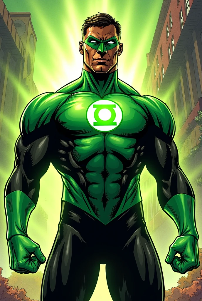 (8k, foto RAW, melhor qualidade, obra-prima: 1.2), ultra detalhado, arte oficial, foto-realista: 1.37, tiro na parte superior do corpo, DC Green Lantern, film grain, funny