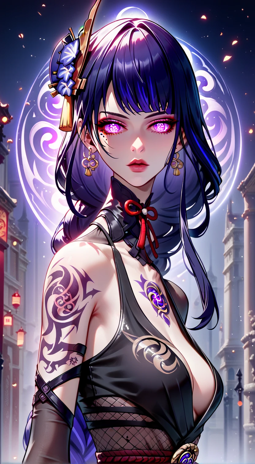 raiden shogun,solo,1 girl,tattoo, mafia boss, (wear mafia clothes:1.5),, evil aura, villain,night city, ultra-detailed,beautiful detailed eyes,beautiful detailed lips,extremely detailed eyes and face,modern hairstyle