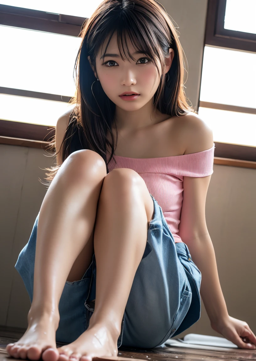 (solo), (RAW), (masterpiece:1.0), (best quality:1.4), (ultra highres:1.4), (photorealistic:1.5), 8k resolution, school girl, long hair, blush, squatting, (peeing:1.5), urinating