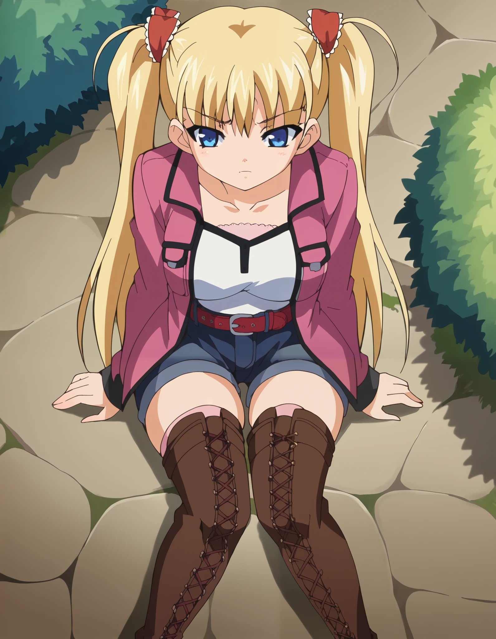 score_9, score_8_up, score_7_up,anime_source, source_anime, anime screencap, Airi, 1girl, belt, blonde hair, blue eyes, boots, bush, breast, cross-laced footwear, female focus, flower, jacket, knee boots, lace-up boots, long hair, large breast, rock, shorts, sitting, solo, thighhighs, twintails
