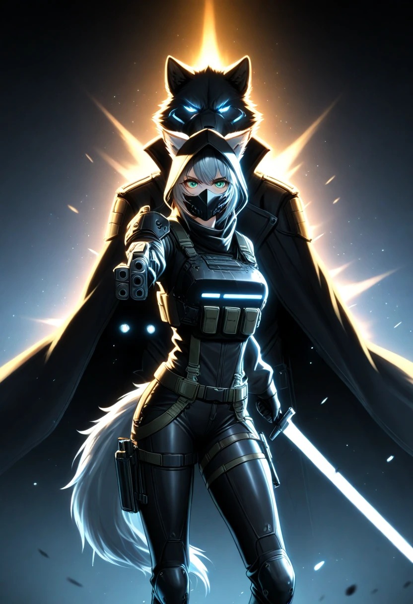 An anthropomorphic furry girl with black fur with gray details and glowing eyes , Wolf tail, wolf ears,  wearing a long black overcoat with neon details that emit a vibrant light ,  standing out on a dark battlefield . She is shrouded in an aura of mystery ,  with a hood partially covering her head and a futuristic killer mask hiding her mouth. he wields two swords,  both emitting an ominous black glow — one stuck on their back and the other in their hand, In full attack movement .

 The scene shows the cat in a quick jump ,  taking on an army of enemies humanoids in futuristic armor ,  scattered across the battlefield .  There are sparks and debris in the air ,  reflecting the neon lights of the cat's clothes and swords ,  creating an atmosphere of war in a cyberpunk world .  The sky in the background is filled with smoke and explosions ,  as the ground is illuminated by flashes of light and the reflections of the glow of weapons .  The overall aesthetic mixes intense action and dark futurism ,  highlighting the character in fierce combat . improved, the highest quality ,  the highest resolution , perfect background,  perfect perspective , clear image,  perfect details ,  perfect lighting,  perfect shadows,  perfect lighting, best background,Full HD, 8k,  Ecchi, Oppai, (sfw), ( transparent clothing), as sitiãn,  beautiful and attractive teen anime furry ,