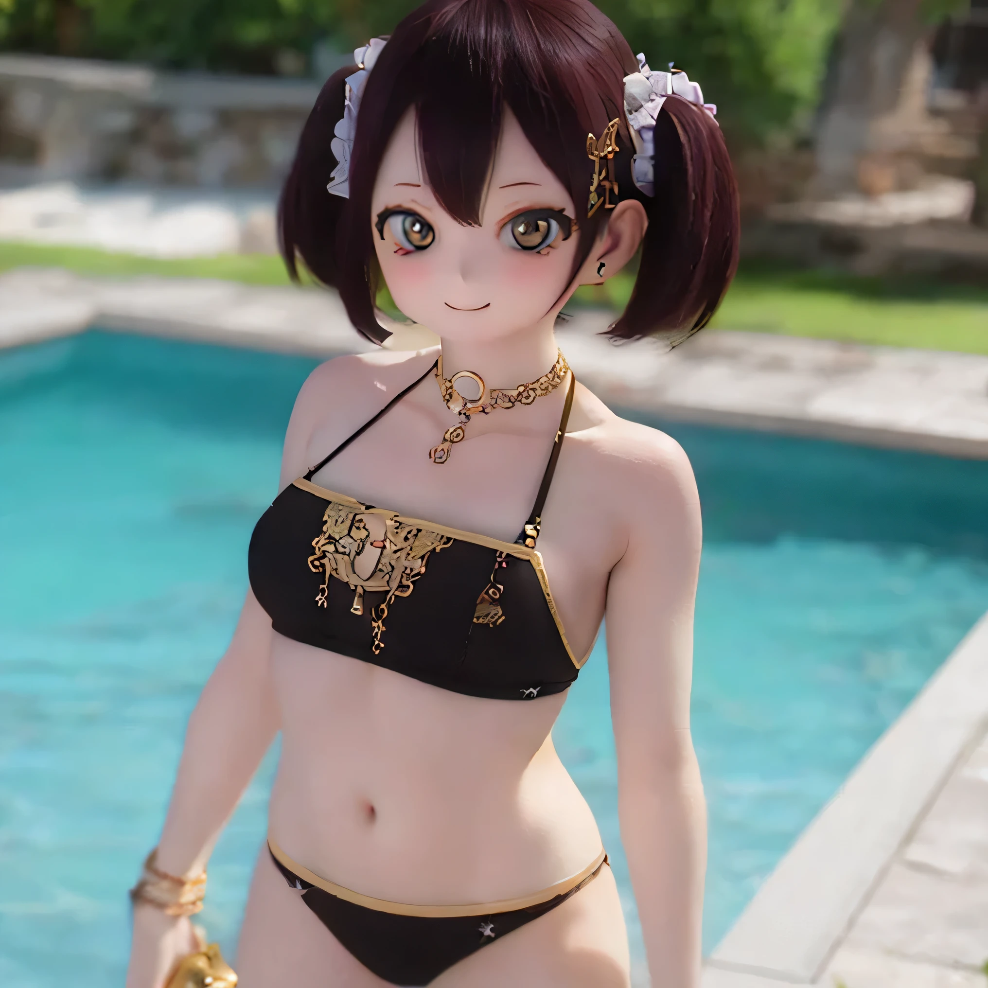 (Highest quality,4K,High resolution,masterpiece:1.2),Very detailed,Realistic,Beautiful details,Beautiful lip detail,Long eyelashes,Black Hair,short hair,smile,, (((bikini))),Cute expression,Hilarious,Playful,like,Bokeh,Soft lighting,Flat-chested standing in the pool