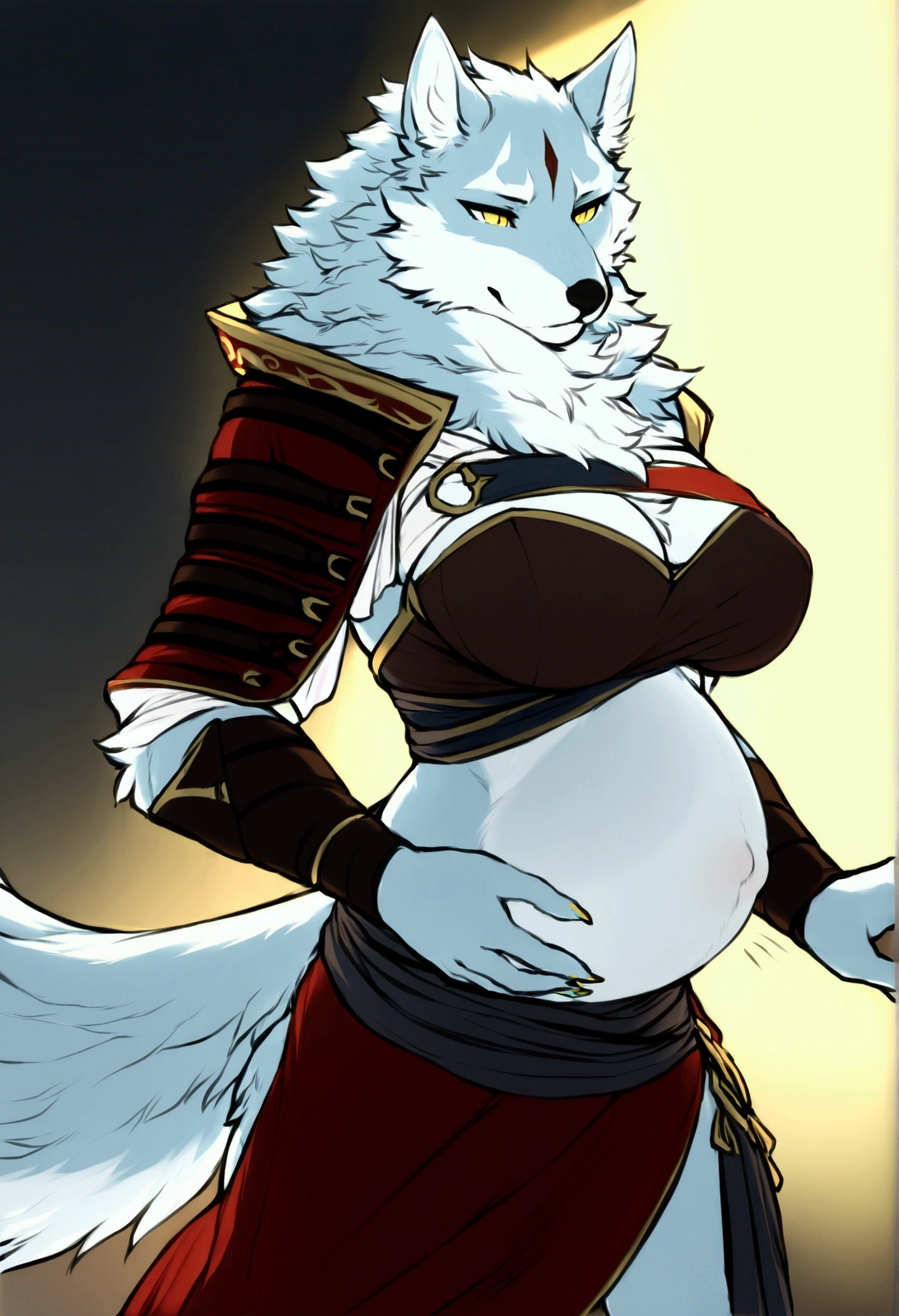 (top quality, best quality, Iriedono, High-quality illustrations, masterpiece, perfect artwork, cinematic light and shading, 16k, 1080p, uploaded on e621)(kemono, furry, anthro, alone), 1 larger female, (very detailed body, face, tail, arms, hands, legs, head and eyes), Assasin’s Creed, wolf, Law, (Sdorica), big breasts, fur, fluffy, wolf ears, wolf fluffy tail, perfect eyes, yellow eyes, black pupils, beautiful Assasin outfit, beautiful Assasin armor, body movement, body twitching, jiggle physics, beautiful pregnant